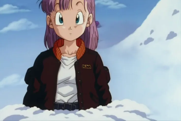 source_anime, score_9, score_8_up, score_7_up, anime screencap,
bulma, 1girl, solo, looking at viewer, blue eyes, shirt, jacket, white shirt, upper body, purple hair, outdoors, open clothes, sky, day, belt, cloud, open jacket, black jacket, expressionless, snow, mountain, winter, official style
 <lora:bulmaPTP_pony_v1:0.8>