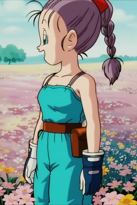 source_anime, score_9, score_8_up, score_7_up, anime screencap,
bulma, 1girl, solo, smile, open mouth, blue eyes, black hair, gloves, purple hair, braided ponytail, flower, belt, happy, field, flower field, blue clothes,
<lora:bulmaPTP_pony_v1:0.8>