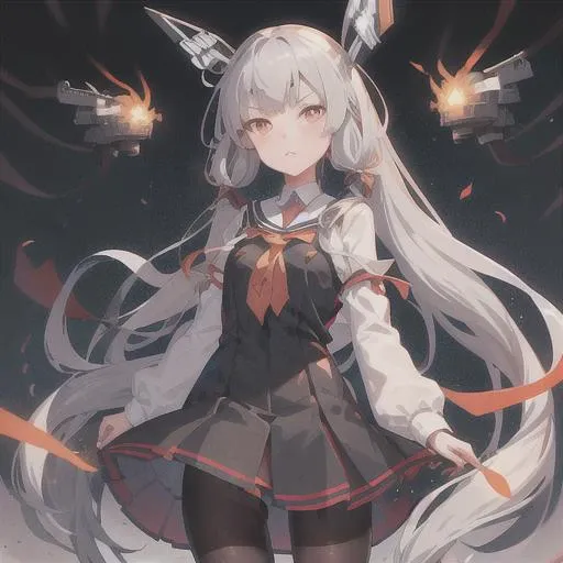 <lora:murakumo:1>, 1girl, long hair, murakumo (kancolle), solo, murakumo kai ni (kancolle), pantyhose, dress, thighband pantyhose, orange eyes, tress ribbon, necktie, hair ribbon, ribbon, black pantyhose, sidelocks, grey hair, red necktie, arms behind back, short eyebrows, bangs, cowboy shot, sailor dress, twitter username, looking at viewer, dark forest background,