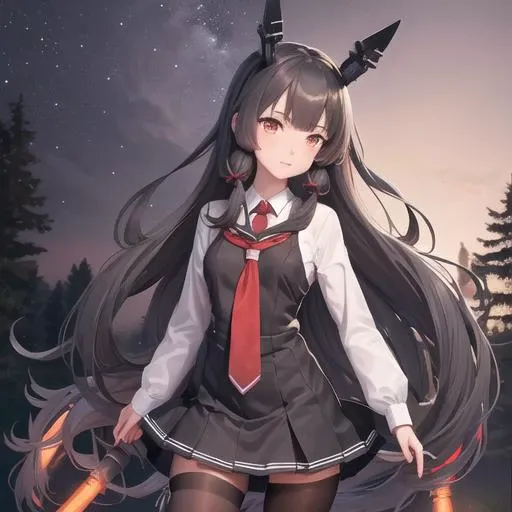 <lora:murakumo:1>, 1girl, long hair, murakumo (kancolle), solo, murakumo kai ni (kancolle), pantyhose, dress, thighband pantyhose, orange eyes, tress ribbon, necktie, hair ribbon, ribbon, black pantyhose, sidelocks, grey hair, red necktie, arms behind back, short eyebrows, bangs, cowboy shot, sailor dress, twitter username, looking at viewer, dark forest background,