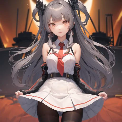 <lora:murakumo:1>, 1girl, long hair, murakumo (kancolle), solo, murakumo kai ni (kancolle), pantyhose, dress, thighband pantyhose, orange eyes, tress ribbon, necktie, hair ribbon, ribbon, black pantyhose, sidelocks, grey hair, red necktie, arms behind back, short eyebrows, bangs, cowboy shot, sailor dress, twitter username, looking at viewer