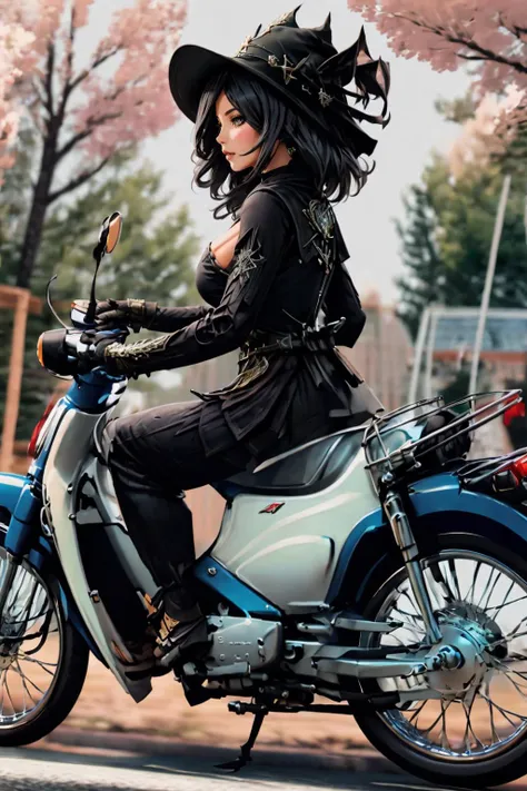 <lora:cub:0.8> 1girl riding cub <lora:edgBlackMage:0.9> edgBlkMage, wearing edgBlkMage, cleavage, road, from side, heels, (masterpiece, best quality,highres, perfect hands)