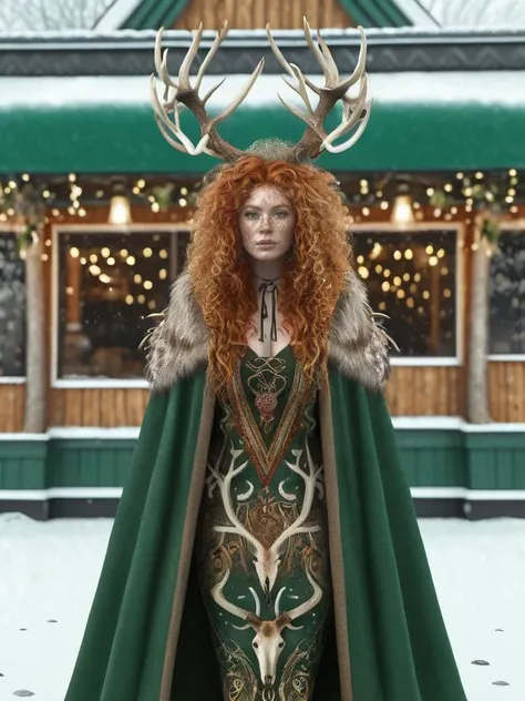 In this striking portrait captured with the Canon EOS 5D Mark IV, a beautiful ginger woman with curly hair, a sea of freckles, and captivating green hazel eyes stands outdoors near a coffee shop in the snow. Despite her unexpected appearance in an (emerald green cloak:1.2) with (reindeer horns:1.4), she exudes a (fierce:1.3) witch-like aura, with heavy eye shadow making for a truly unique and dramatic image in AntlerStyle <lora:SDXLAntlerPagan:1>