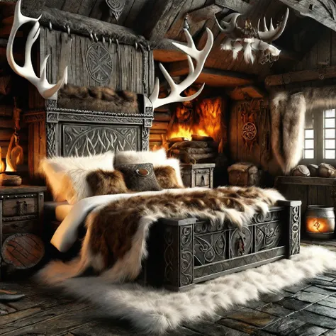 <lora:SDXLAntlerPagan:0.5>,AntlerStyle,an photo shot of a viking bedroom,bed, fire place, chest,fur,extremely detailed,beautiful,<lora:add-detail-xl:1>,