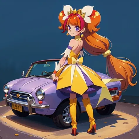 (masterpiece, best quality, detailed:1.5), violet theme, <lora:girllikeminicar:0.8> mini car, from behind, looking viewer, ground of amusement park, hand on steering wheel, cute little dress BREAK solo, (cure twinkle:1.3) <lora:locon_cure_twinkle_01:1.0>, purple petticoat, purple neck ribbon, thigh boots, earrings, hair ribbon, tiara , unusual event in background