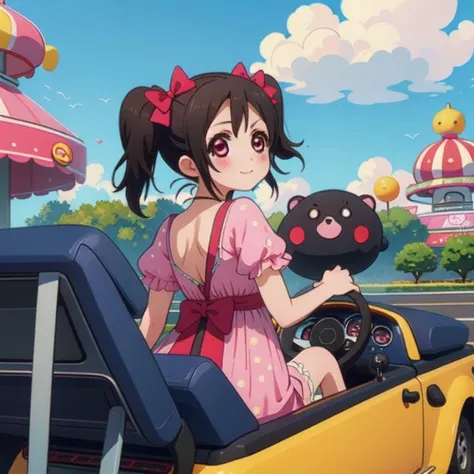 (masterpiece, best quality, detailed:1.5), red theme, <lora:girllikeminicar:0.8> mini car, from behind, looking viewer, ground of amusement park, hand on steering wheel, cute little dress BREAK solo, (niko yazawa:1.3) <lora:niko-lovelive:1>, unusual event in background