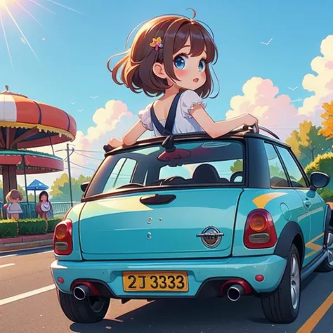 (masterpiece, best quality, detailed:1.5), skyblue theme, <lora:girllikeminicar:0.8> mini car, from behind, looking viewer, ground of amusement park, hand on steering wheel, cute little dress BREAK solo, (mariacampbell:1.3) <lora:MariaCampbell:1>, unusual event in background