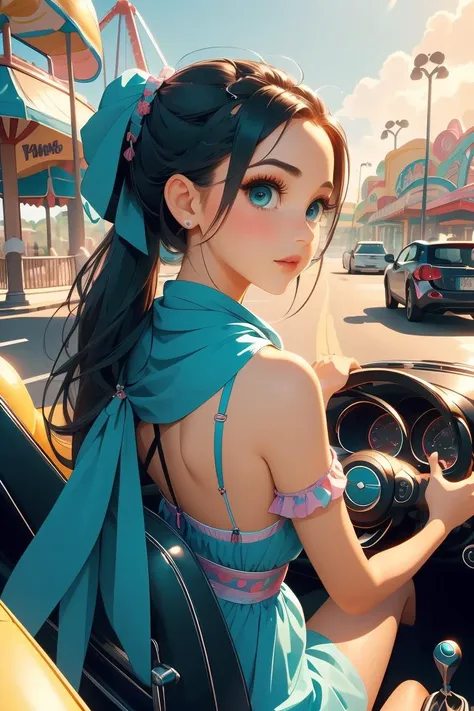 (masterpiece, best quality), 1girl, Teal Half-Up Braided Top Knot with Scarf, Sizes M to Z breasts,   <lora:girllikeminicar:1> mini car, from behind, looking viewer, ground of amusement park, hand on steering wheel, cute little dress