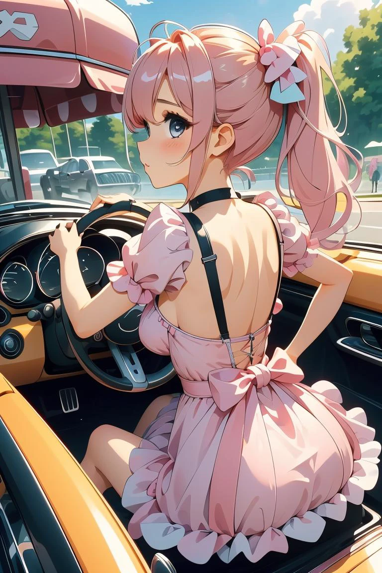 (masterpiece, best quality), 1girl, Pastel Peach Twisted Side Ponytail with Hair Cuff, tiny breasts, <lora:girllikeminicar:1> mini car, from behind, looking viewer, ground of amusement park, hand on steering wheel, cute little dress