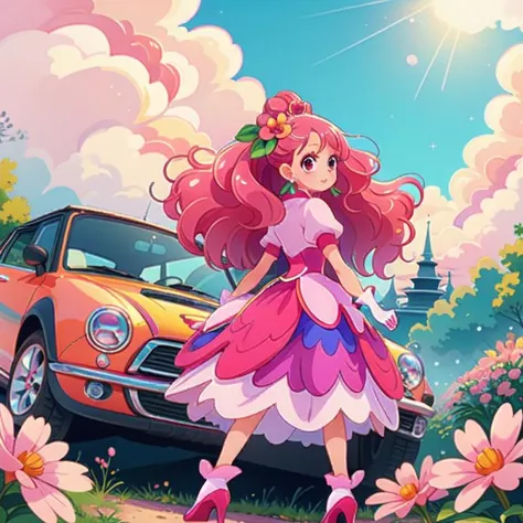 (masterpiece, best quality, detailed:1.5), red theme, <lora:girllikeminicar:0.8> mini car, from behind, looking viewer, ground of amusement park, hand on steering wheel, cute little dress BREAK solo, (cure grace:1.3) <lora:locon_cure_grace_01:1.0>, cure grace, pink hair, flower, gloves, jacket, hair flower, hair ornament, tiara, earrings, ascot, white high heels, unusual event in background