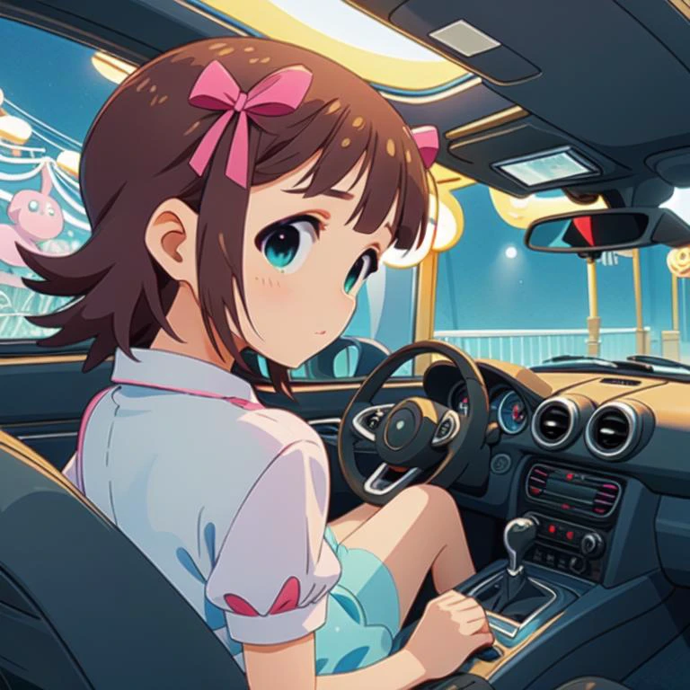 (masterpiece, best quality, detailed:1.5), blue theme, <lora:girllikeminicar:0.8> mini car, from behind, looking viewer, ground of amusement park, hand on steering wheel, cute little dress BREAK solo, (haruka amami:1.3) <lora:haruka-idolmaster:1>, unusual event in background