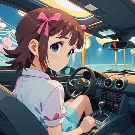 (masterpiece, best quality, detailed:1.5), blue theme, <lora:girllikeminicar:0.8> mini car, from behind, looking viewer, ground of amusement park, hand on steering wheel, cute little dress BREAK solo, (haruka amami:1.3)  <lora:haruka-idolmaster:1>, unusual event in background