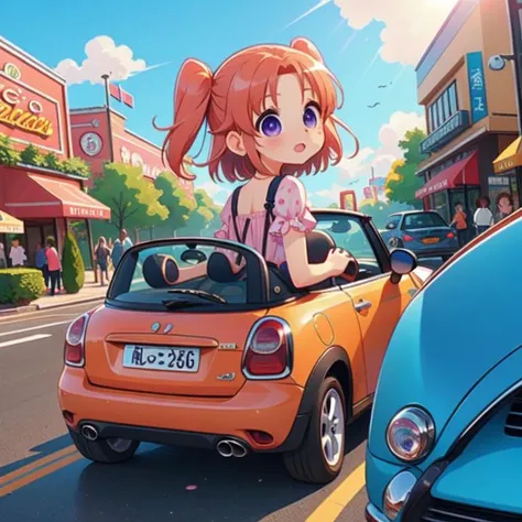 (masterpiece, best quality, detailed:1.5), orange theme, <lora:girllikeminicar:0.8> mini car, from behind, looking viewer, ground of amusement park, hand on steering wheel, cute little dress BREAK solo, (yonomori kobeni:1.3) <lora:yonomorikobeni:1>, unusual event in background