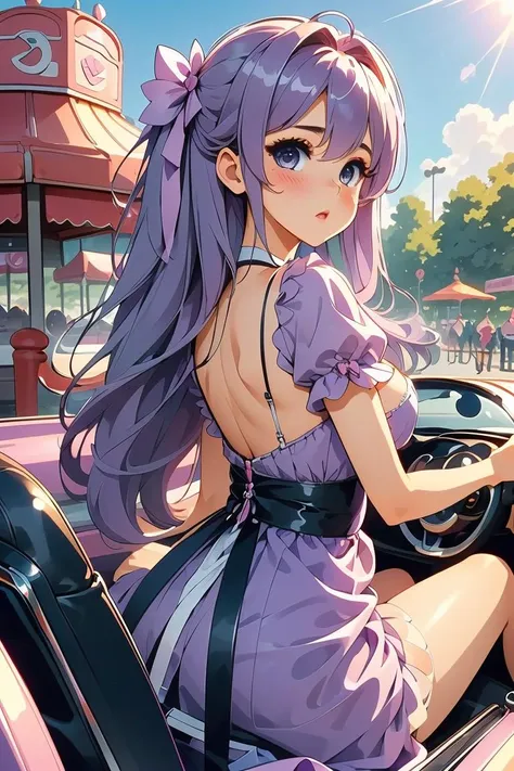 (masterpiece, best quality), nsfw, 1girl, Pastel Purple Voluminous Blowout, Sizes I to L breasts, <lora:girllikeminicar:1> mini car, from behind, looking viewer, ground of amusement park, hand on steering wheel, cute little dress