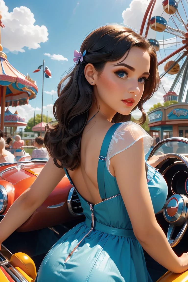 (masterpiece, best quality), 1girl, Periwinkle Retro Finger Waves, Size DD breasts, <lora:girllikeminicar:1> mini car, from behind, looking viewer, ground of amusement park, hand on steering wheel, cute little dress