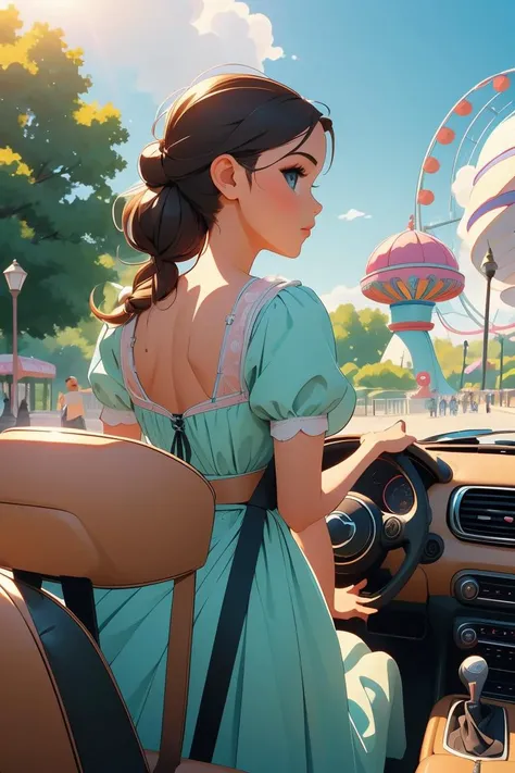 (masterpiece, best quality), 1girl, Olive Reverse French Braid, Sizes I to L breasts,   <lora:girllikeminicar:1> mini car, from behind, looking viewer, ground of amusement park, hand on steering wheel, cute little dress