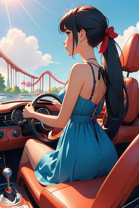 (masterpiece, best quality), 1girl, Scarlet Knotted Low Ponytail with Bangs, Size B breasts,   <lora:girllikeminicar:1> mini car, from behind, looking viewer, ground of amusement park, hand on steering wheel, cute little dress