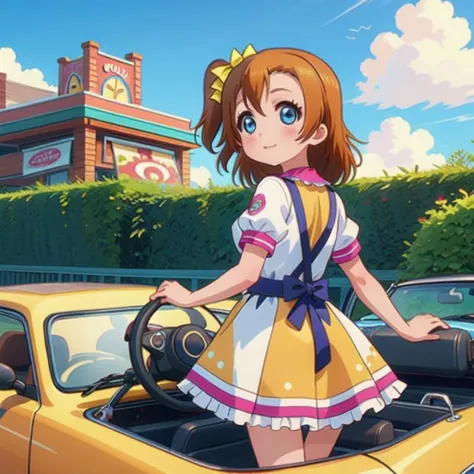 (masterpiece, best quality, detailed:1.5), lightblue theme, <lora:girllikeminicar:0.8> mini car, from behind, looking viewer, ground of amusement park, hand on steering wheel, cute little dress BREAK solo, (honoka kousaka:1.3) <lora:honoka-lovelive:1>, unusual event in background