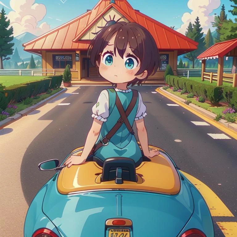 (masterpiece, best quality, detailed:1.5), teal theme, <lora:girllikeminicar:0.8> mini car, from behind, looking viewer, ground of amusement park, hand on steering wheel, cute little dress BREAK solo, (shinoda hajime:1.3) <lora:hajime:1>, unusual event in background