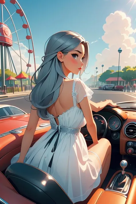 (masterpiece, best quality), nsfw, 1girl, Silver Classic Brushed Up Hair, tiny breasts, <lora:girllikeminicar:1> mini car, from behind, looking viewer, ground of amusement park, hand on steering wheel, cute little dress