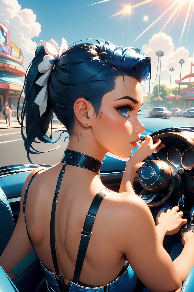 (masterpiece, best quality), 1girl, Steel blue Faux Hawk with High Fade, medium breasts, <lora:girllikeminicar:1> mini car, from behind, looking viewer, ground of amusement park, hand on steering wheel, cute little dress