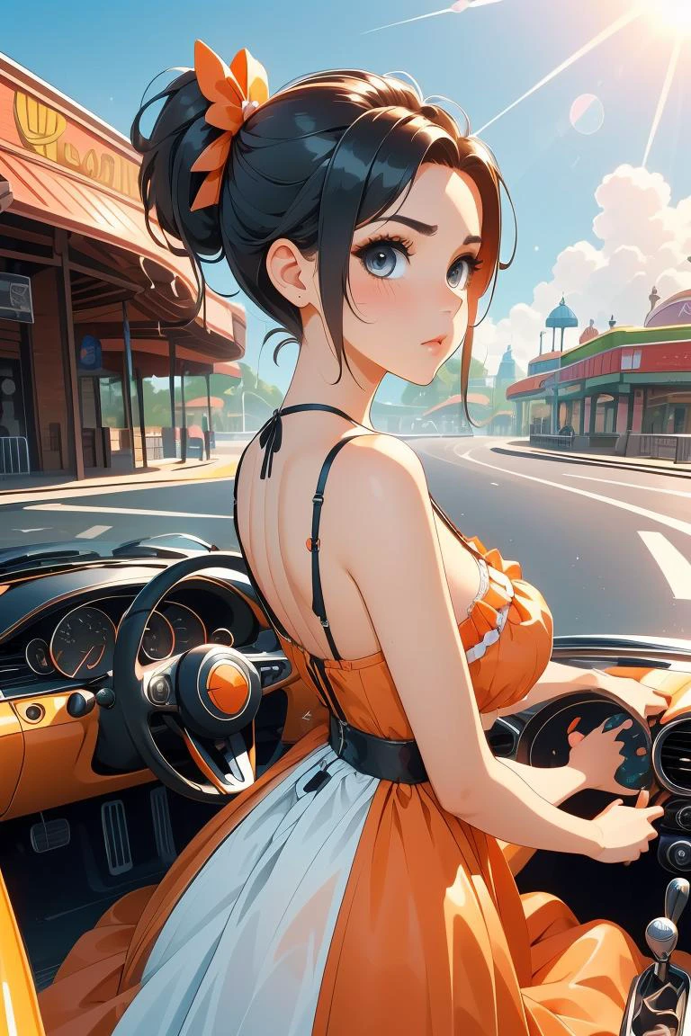 (masterpiece, best quality), 1girl, Papaya Slicked-Back Undercut with Side Part, Size A breasts, <lora:girllikeminicar:1> mini car, from behind, looking viewer, ground of amusement park, hand on steering wheel, cute little dress