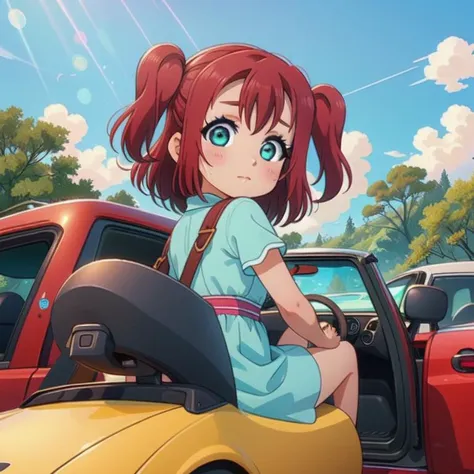 (masterpiece, best quality, detailed:1.5), lightblue theme, <lora:girllikeminicar:0.8> mini car, from behind, looking viewer, ground of amusement park, hand on steering wheel, cute little dress BREAK solo, (ruby kurosawa:1.3) <lora:ruby-lovelive:1>, unusual event in background