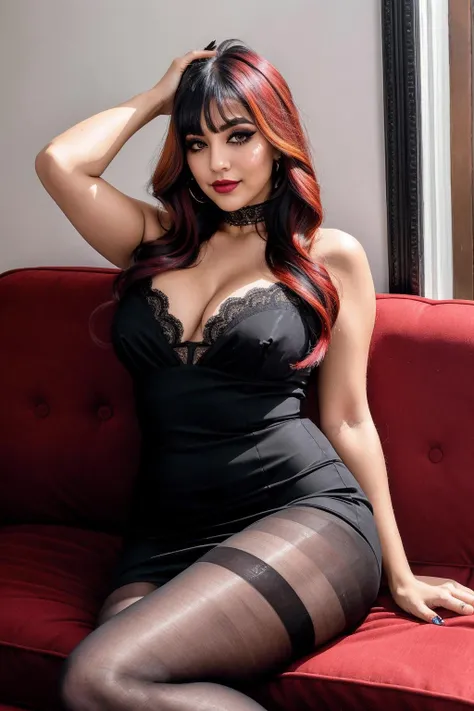((best quality)), ((masterpiece)), (detailed), 1girl, solo, black hair, sitting, realistic, couch, pillow, looking at viewer, smile, black eyes, hand on own face, cushion, head rest, closed mouth, bangs, arm support, indoors, hand up, on couch, dress, black dress, thighs, black pantyhose, ((pantyhose)), red hair, multicolored hair, hand on head, nose, eyelashes, eyebrows, makeup, eyeliner, mascara, eyeshadow, very long hair, brown eyes, medium breasts, black nail polish, black lips, curvy, <lora:crablora-904:0.35>