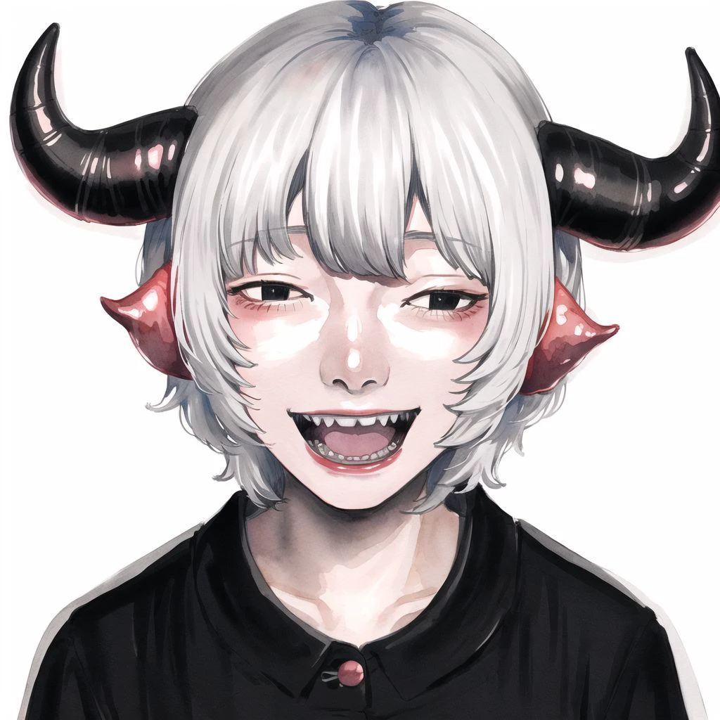 <lora:nugochan:1.0>, (nugochan:1.0), drawing, bags under eyes,
1girl, arms under breasts, black horns, buttons, closed eyes, demon girl, horns, limited palette, open mouth, painting \(medium\), sharp teeth, short hair, smile, teeth, traditional media, watercolor \(medium\), white background, white hair