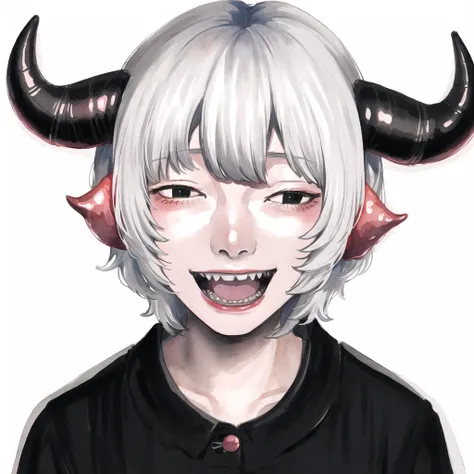 <lora:nugochan:1.0>, (nugochan:1.0), drawing, bags under eyes, 

1girl, arms under breasts, black horns, buttons, closed eyes, demon girl, horns, limited palette, open mouth, painting \(medium\), sharp teeth, short hair, smile, teeth, traditional media, watercolor \(medium\), white background, white hair