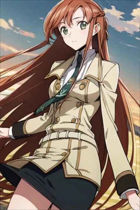 (masterpiece, best quality, ultra detailed,illustration, hdr:1.2),1girl , shirley-v1 ,solo, close to viewer , looking at viewer,  dynamic angle ,  ashford academy school uniform, long hair, school uniform, skirt, green eyes, necktie, red hair, miniskirt, pencil skirt, long sleeves, brown hair,  orange hair, very long hair, black skirt,  <lora:shirley-000009:1> ,