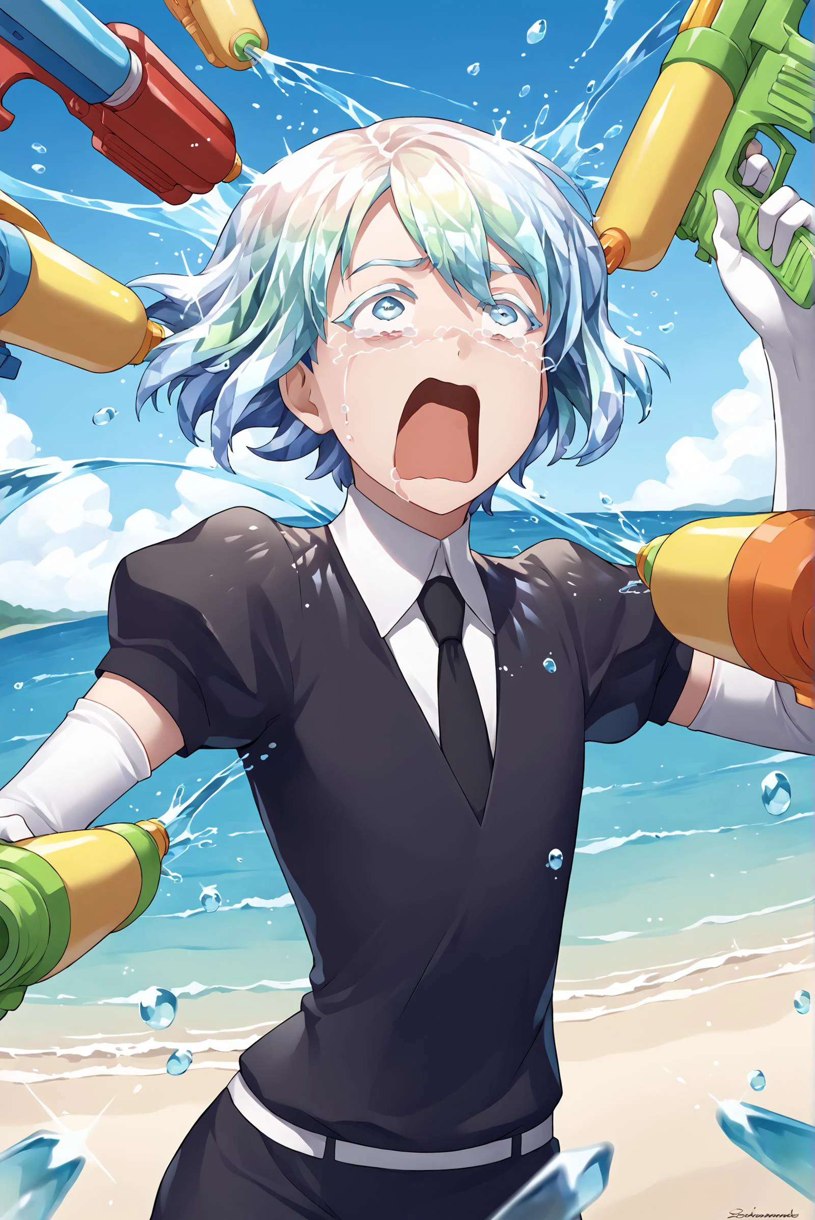 score_9, source_anime, score_8_up, score_7_up, close up, beach, 6+boys:watergun:.5, water gun:orgy:.3, <lora:Degen_Watergun_Fight_v3:.8> disembodied supersoaker, super soaker, floating water gun, <lora:Hoseki_HousekiNoKuni_Diamond_PDXL_v1:1> hskdmnd, crystal hair, colored eyelashes, multicolored hair, short hair, black shirt, puffy short sleeves, collared shirt, black necktie, elbow gloves, white gloves, aiming at another, splash, <lora:concept_aquascreaming_ponyXL:0.8> aquascreaming, screaming, open mouth, crying with eyes open