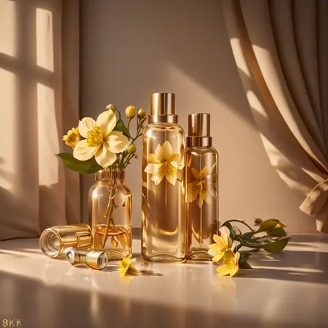 (8k, RAW photo, best quality, masterpiece:1.2),(realistic, photo-realistic:1.37),cosmetics, flower, bottles, on cylinders,curtains,yellow flower, solo focus,Product Feature, <lora:cosmetics_v2:0.8>, <lora:geometry-bg-v2.5:0.2>