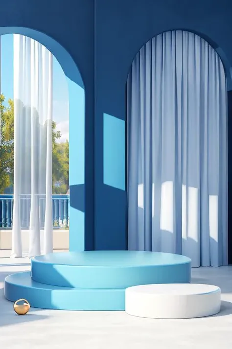 (masterpiece, best quality:1.3), (no human), Comfortable natural light, 3d rendering, 8K, cylinder, curtain, metal ball, arch, plant, (blue theme:1.2), <lora:geometry-bg-v2.5:0.8>,