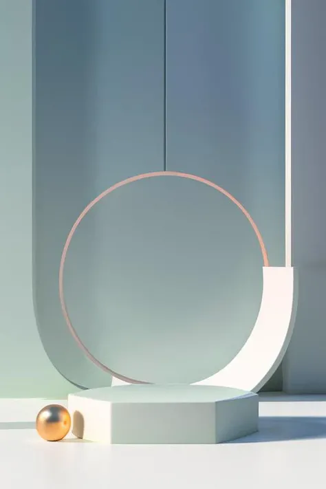 (masterpiece:1.3), (best quality:1.3), (no human), artwork of 3D geometry, still life, clean, Pastel color, Comfortable natural light, minimalist style, modernist style, 3d rendering, 8K, Middle Block, Metal Ball, roung Arch, Shadow,