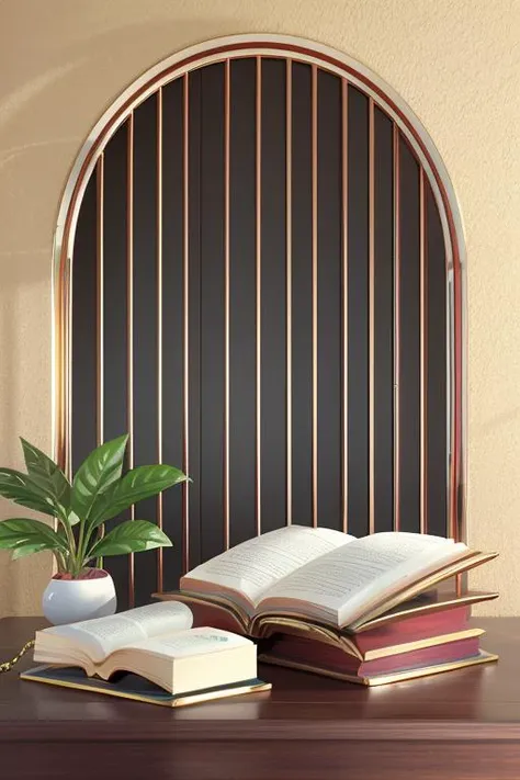 (masterpiece, best quality:1.3),(no human),Comfortable natural light,3d rendering,8K,potted flower,book,metal ball,arch,<lora:geometry-bg-v2.5:0.8>,
