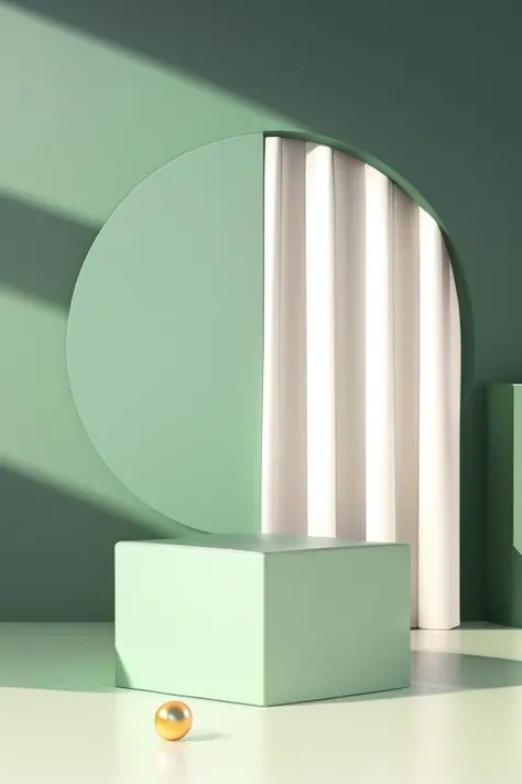 (masterpiece:1.3), (best quality:1.3), (no human), artwork of 3D geometry, still life, clean, Pastel color, Comfortable natural light, minimalist style, modernist style, 3d rendering, 8K, (green theme:1.3), Cube, cylinder, Metal Ball, (circular arch:1.1), curtains, Shadow,