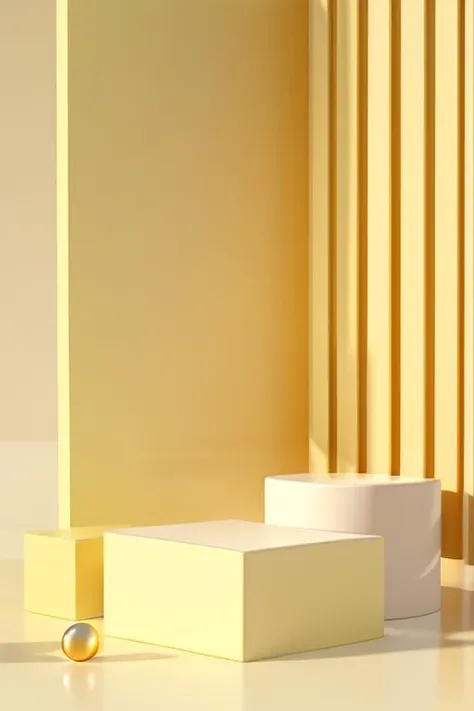 (masterpiece:1.3), (best quality:1.3), (no human), artwork of 3D geometry, still life, clean, Pastel color, Comfortable natural light, minimalist style, modernist style, 3d rendering, 8K, (yellow theme:1.3), Cube, cylinder, Metal Ball, circular arch, Shadow,
