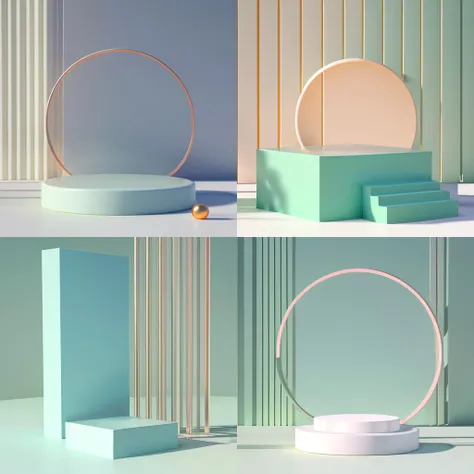 (masterpiece:1.3), (best quality:1.3), (no human), artwork of 3D geometry, still life, clean, Pastel color, Comfortable natural light, minimalist style, modernist style, 3d rendering, 8K, middle block, Arch background, Backlight, Metal Ball, Shadow,