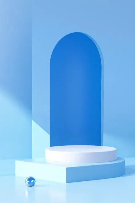 (masterpiece:1.3), (best quality:1.3), (no human), artwork of 3D geometry, still life, clean, Pastel color, Comfortable natural light, minimalist style, modernist style, 3d rendering, 8K, (blue theme:1.3), Middle Block, Metal Ball, Arch, Shadow,