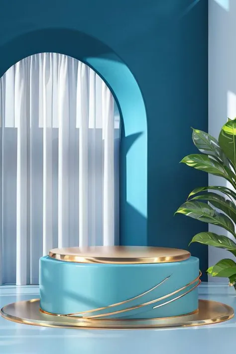 (masterpiece, best quality:1.3), (no human), Comfortable natural light, 3d rendering, 8K, cylinder, curtain, metal ball, arch, plant, (blue theme:1.2), <lora:geometry-bg-v2.5:0.8>,