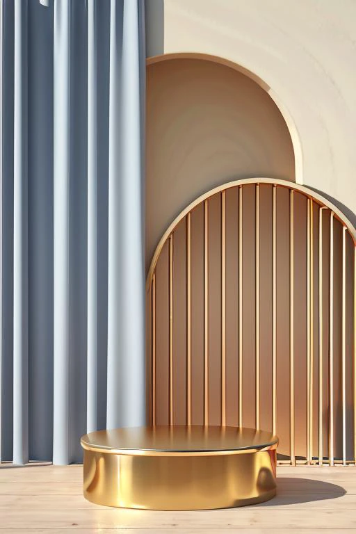 (masterpiece, best quality:1.3), (no human), Comfortable natural light, 3d rendering, 8K, curtain, cylinder, metal ball, arch, blue and gold color, <lora:geometry-bg-v2.5:0.8>,