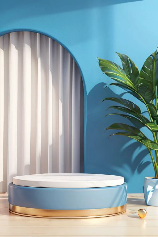 (masterpiece, best quality:1.3), (no human), Comfortable natural light, 3d rendering, 8K, cylinder, curtain, metal ball, arch, plant, (blue theme:1.2), <lora:geometry-bg-v2.5:0.8>,