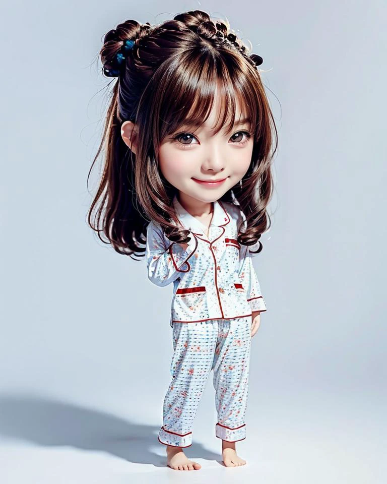 photo of a (chibi:1.4), girl, (solo focus:1.2), braided_bun, long hair,
azure_color (pajamas:1.4), (highheels),
stylish-pose,
indoor, simple (white background:1.28), photo studio,
(best quality, realistic, detailed:1.4), <lora:Chilbi:1>