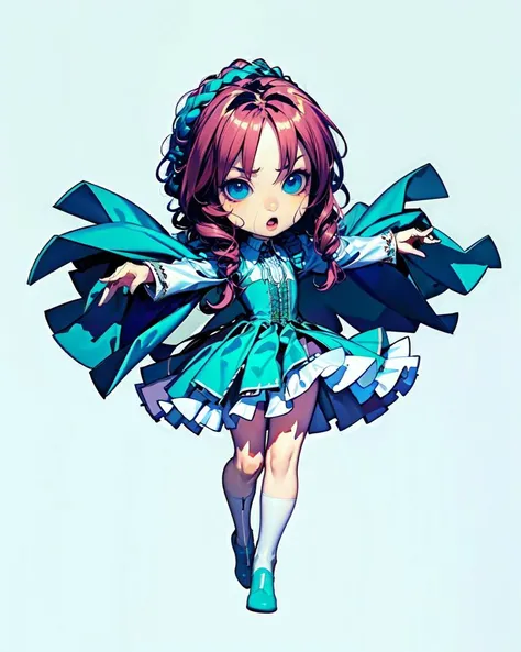 photo of a (chibi:1.4), girl, (solo focus:1.2), front_braid,  long hair, 
teal_color (gothic dress, transparent fabric, laced), (highheels),
solo_dancing, 
indoor, simple (white background:1.28), photo studio,
(best quality, realistic, detailed:1.4), <lora:Chilbi:1>