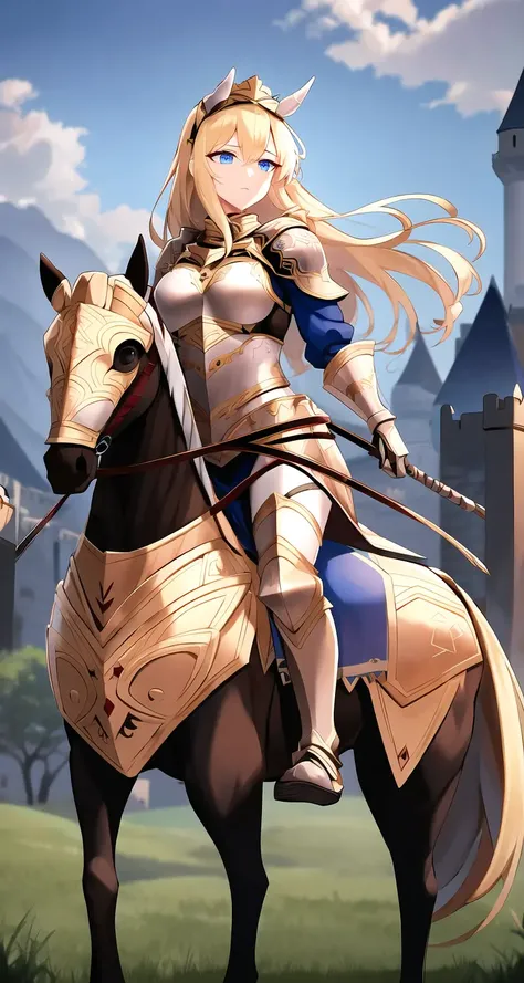<lora:barded_steed_v1:0.6>, (barded_steed), (masterpiece, best quality, absurdres, highly detailed:1.1), 1girl, (horseback riding:1.2), intricate, detailed blue eyes, blonde long hair, detailed white breastplate, gold trim, armored boots, outdoors, depth of field, fantasy, castle, detailed cloudy sky, (realistic:0.9)<hypernet:anime:1>