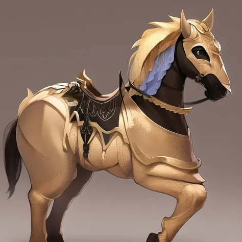 <lora:barded_steed_v1:0.6>, (barded_steed), (masterpiece, best quality, absurdres, highly detailed:1.1), no humans, brown horse, simple background, <hypernet:anime:1>