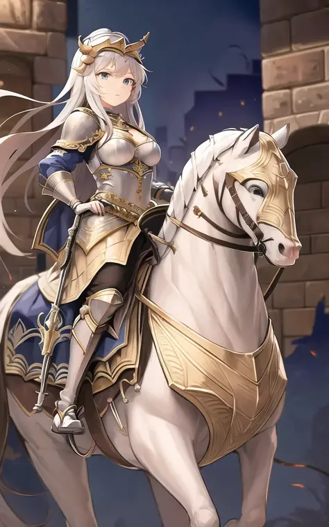 <lora:barded_steed_v1:0.75>, (masterpiece, best quality, absurdres, highly detailed:1.1), white horse, (barded_steed:1.2), 1girl, (horseback riding:1.2), armor, European noble clothes, princess, depth of field, brick road, fantasy, medieval cityscape, <hypernet:anime:1>