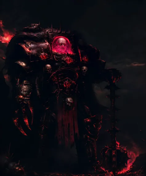 epic portrait of (Horus:1.1), view from below, action shot, wearing black armor, (wolf pelt:0.9), fur trim, (claws:1.2), (holding weapon, mace:1.3), skulls, (severed head:1.1) hanging from armor, realistic metal reflections, matte metal texture, red glow,
bald young man, masculine, square jaw, detailed skin texture, realistic skin, skin pores, detailed eyes, red eyes, detailed pupils, evil, evil grin, staring, angry,
outdoors, dim lighting, fire, war background, dark battlefield surroundings, dark atmosphere, grimdark, ambient lighting, dust, light particles,
full body, horror art, dread, studio quality, masterpiece, ultra high res, (photorealistic:1.4) horror \(theme\), creepy, unnerving, unsettling, terrifying, 80mm, horror lighting
<lora:Horus MK1 by CARAXES:0.8> <lora:more_details:0.35>
