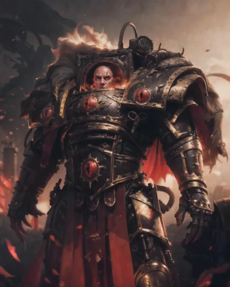 Upper body, medium shot, shot with cinematic camera, epic photographic portrait of Horus ascended, (broad shoulders:1.2), tall,
bald man, masculine, gritty, warrior, square jaw, detailed skin texture, skin pores, realistic skin, detailed eyes, red eyes, detailed pupils, evil, frustrated, looking at viewer,
outdoors, dim lighting, warhammer 40k, chaos \(warhammer\), detailed skin, matte skin, soft lighting, subsurface scattering, cinematic color grading, postprocessing, realistic, heavy shadow, masterpiece, best quality, hyperrealistic, 8k, Intricate, High Detail, film photography, soft focus
<lora:Horus MK1 by CARAXES:0.75> <lora:Elixir:0.5> <lora:more_details:0.6>
